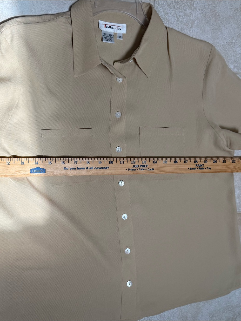 Talbots 100% silk short-sleeve button-down blouse in a tan/beige color size 16 - Picture 4 of 6